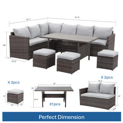7 Piece  Wicker Outdoor Dining Set,  9-Seat  Outdoor Sectional Gray Cushions Sofa with Ottomans & Dining Table for Porch Backyard Garden