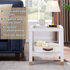 Glass End Table, Modern Style Side Table, Square Table for Living Room, Tempered Glass with Metal Frame, Nightstand, 2-Layer, White
