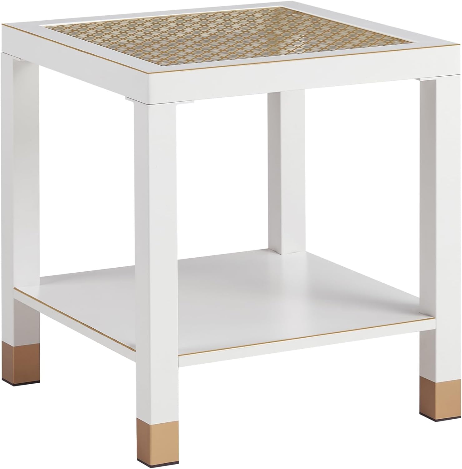 Glass End Table, Modern Style Side Table, Square Table for Living Room, Tempered Glass with Metal Frame, Nightstand, 2-Layer, White