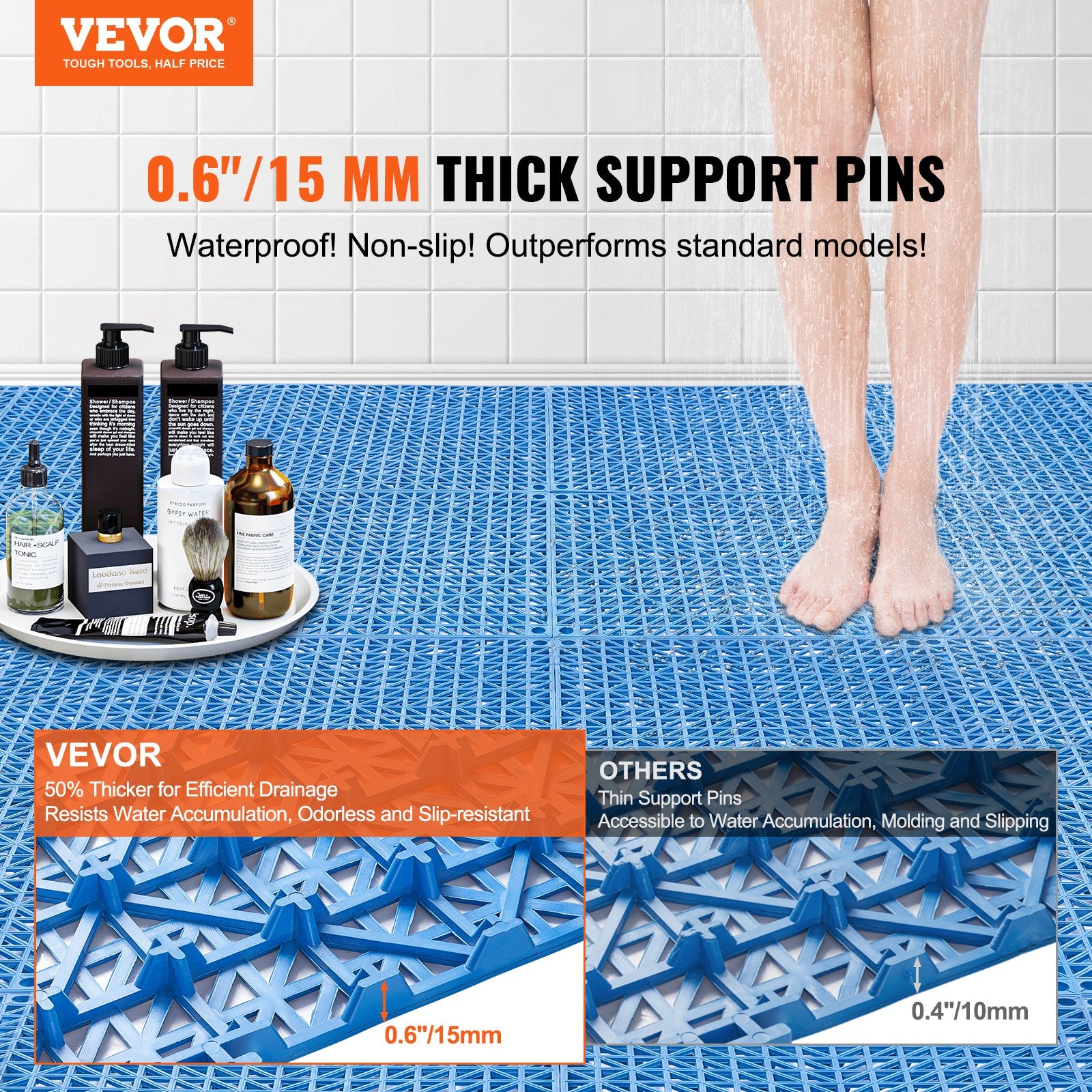 Interlocking Tile 55PCS Blue, Drainage Tiles 12" x 12" Splicing, PVC Interlocking Drainage Floor Tiles, Non-Slip Drainage Holes for Restroom, Bathroom, Kitchen, Pool, Wet Areas, Blue