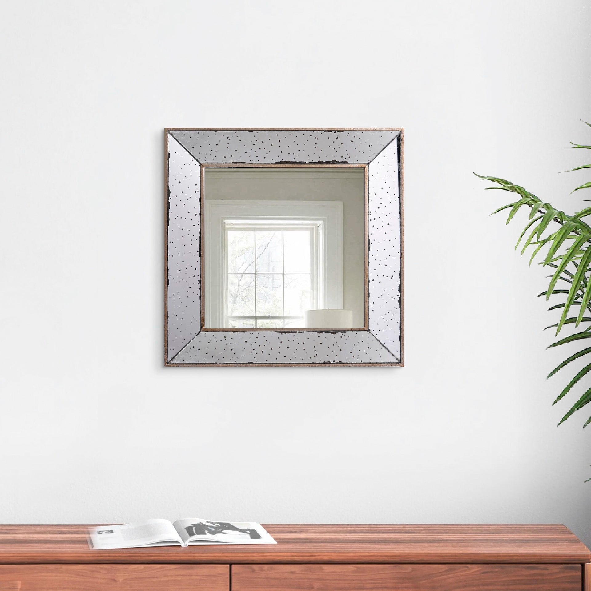 Filo 18 Inch Square Wall Accent Mirror, Raised Tray Edges, Mirrored Frame
