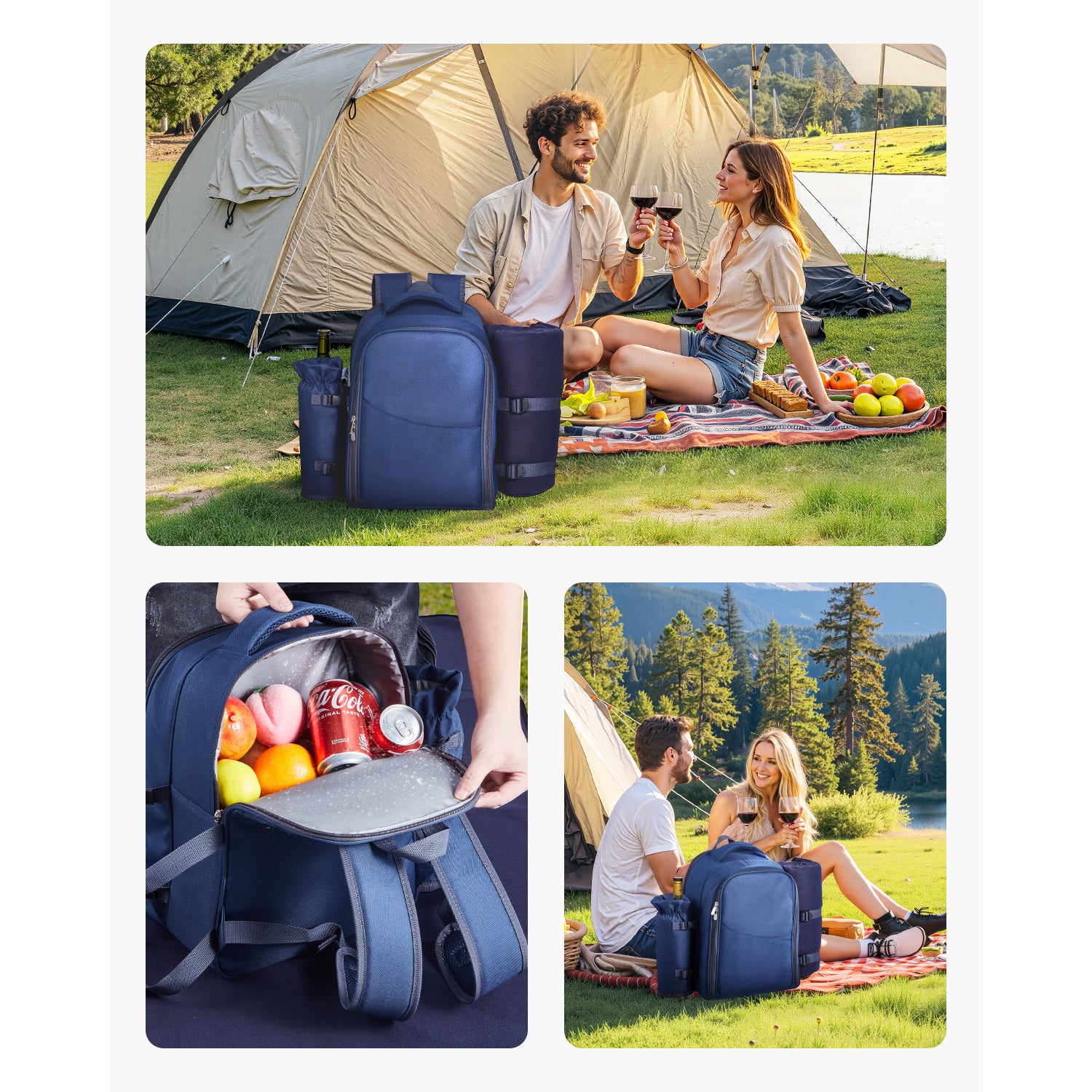 Beach Picnic Backpack Bag for 2 Person with Cooler Compartment Navy Blue