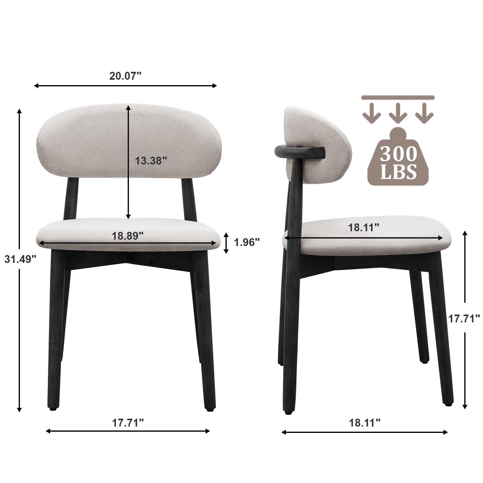 Flax Grey Cotton-Linen Fabric Upholstered Dining Chair with Black Solid Wood Legs, Armless Chair Set of 4 for Kitchen, Restaurant, Living, Meeting Room