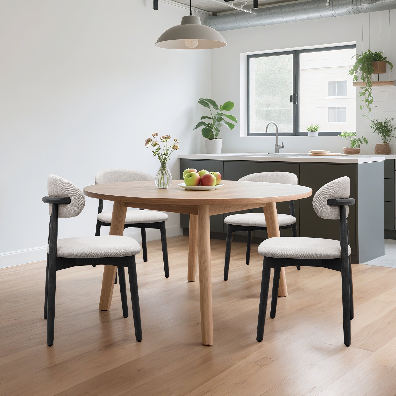 Flax Grey Cotton-Linen Fabric Upholstered Dining Chair with Black Solid Wood Legs, Armless Chair Set of 4 for Kitchen, Restaurant, Living, Meeting Room