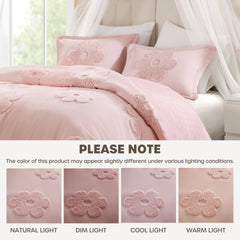 3-Piece Full/Queen Floral Reversible Tufted Chenille Duvet Cover Set,Pink