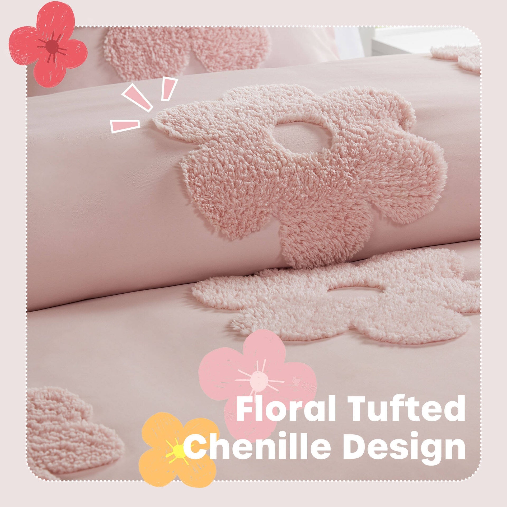 3-Piece Full/Queen Floral Reversible Tufted Chenille Duvet Cover Set,Pink