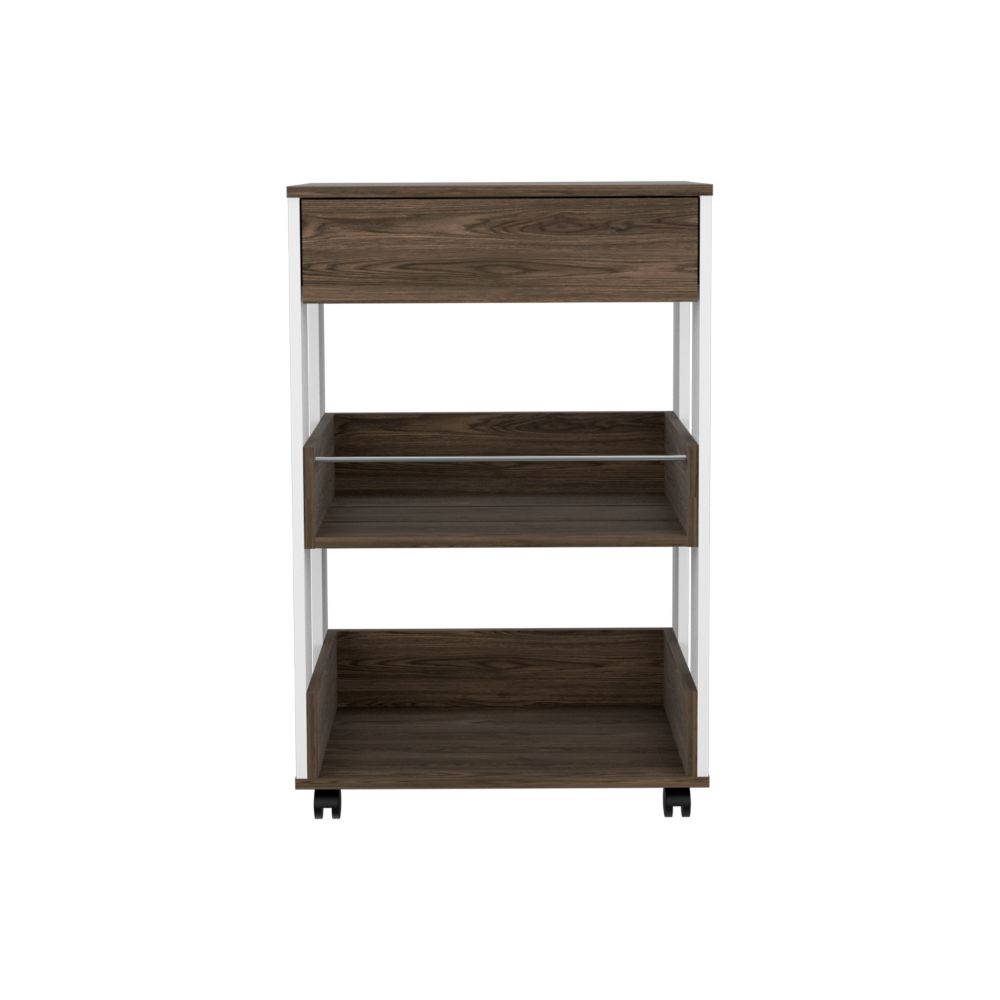 Modern Kitchen Cart 35" H, Four Casters, Three Shelves, White / Dark Walnut