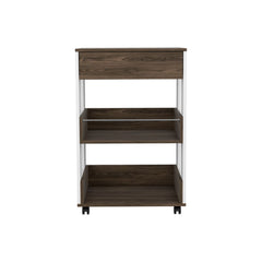 Modern Kitchen Cart 35" H, Four Casters, Three Shelves, White / Dark Walnut