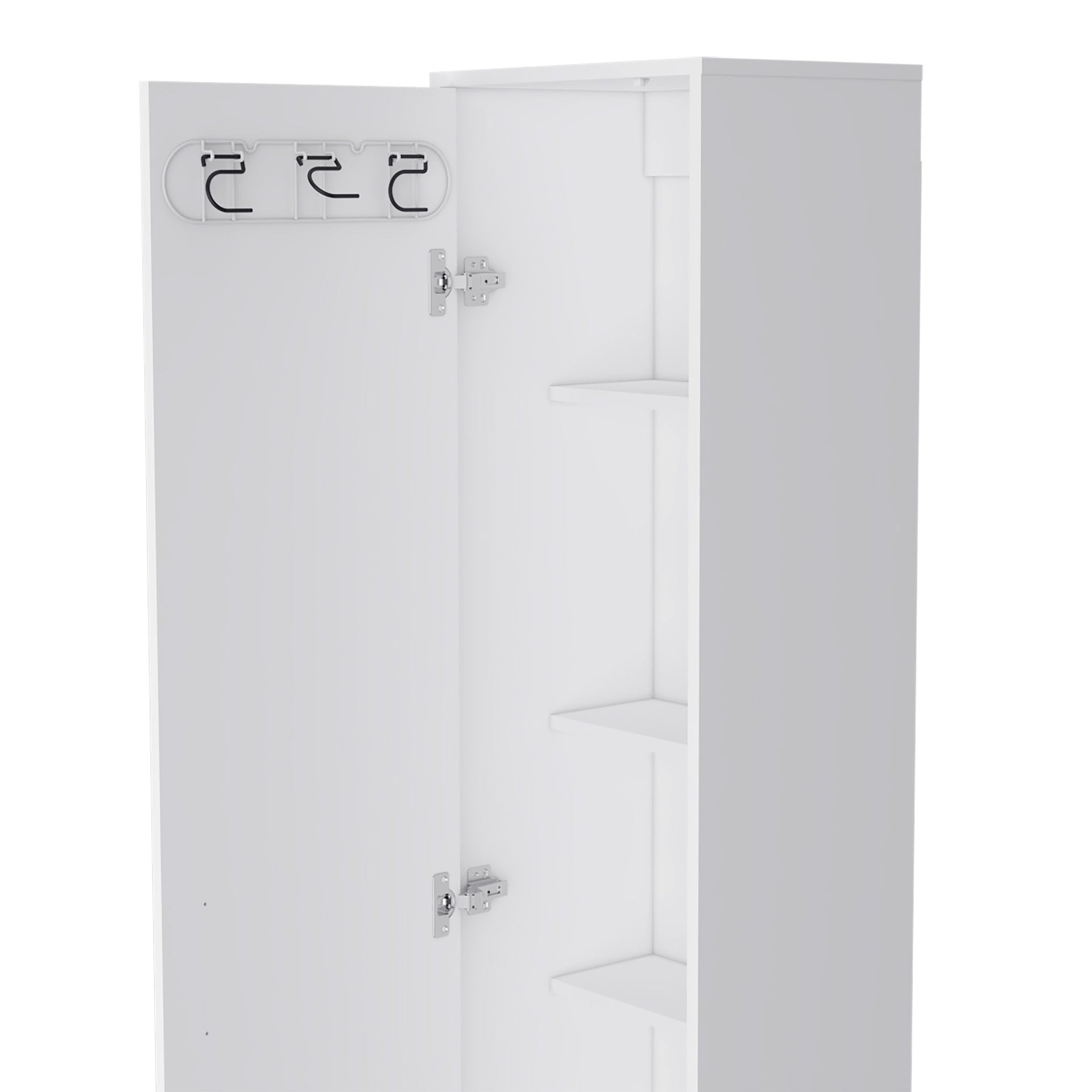 Storage Cabinet 71" H, Five Internal Shelves, Three Broom Hangers, White