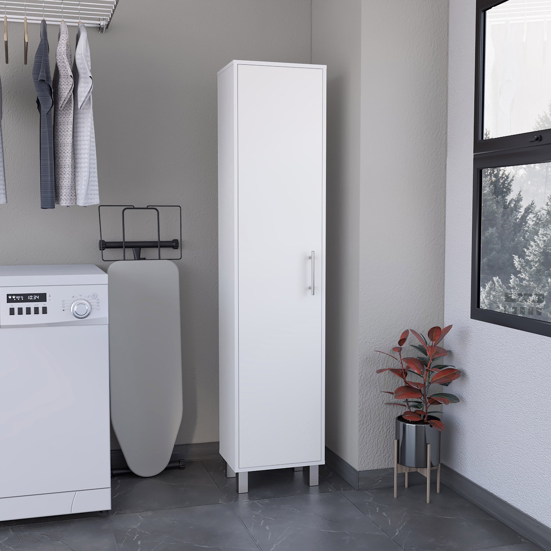 Storage Cabinet 71" H, Five Internal Shelves, Three Broom Hangers, White
