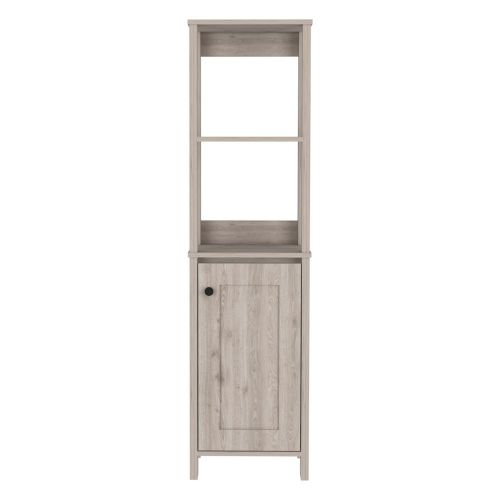 Linen Single Door Cabinet 59" H, Two Interior Shelves, Two Open Shelves, Light Gray