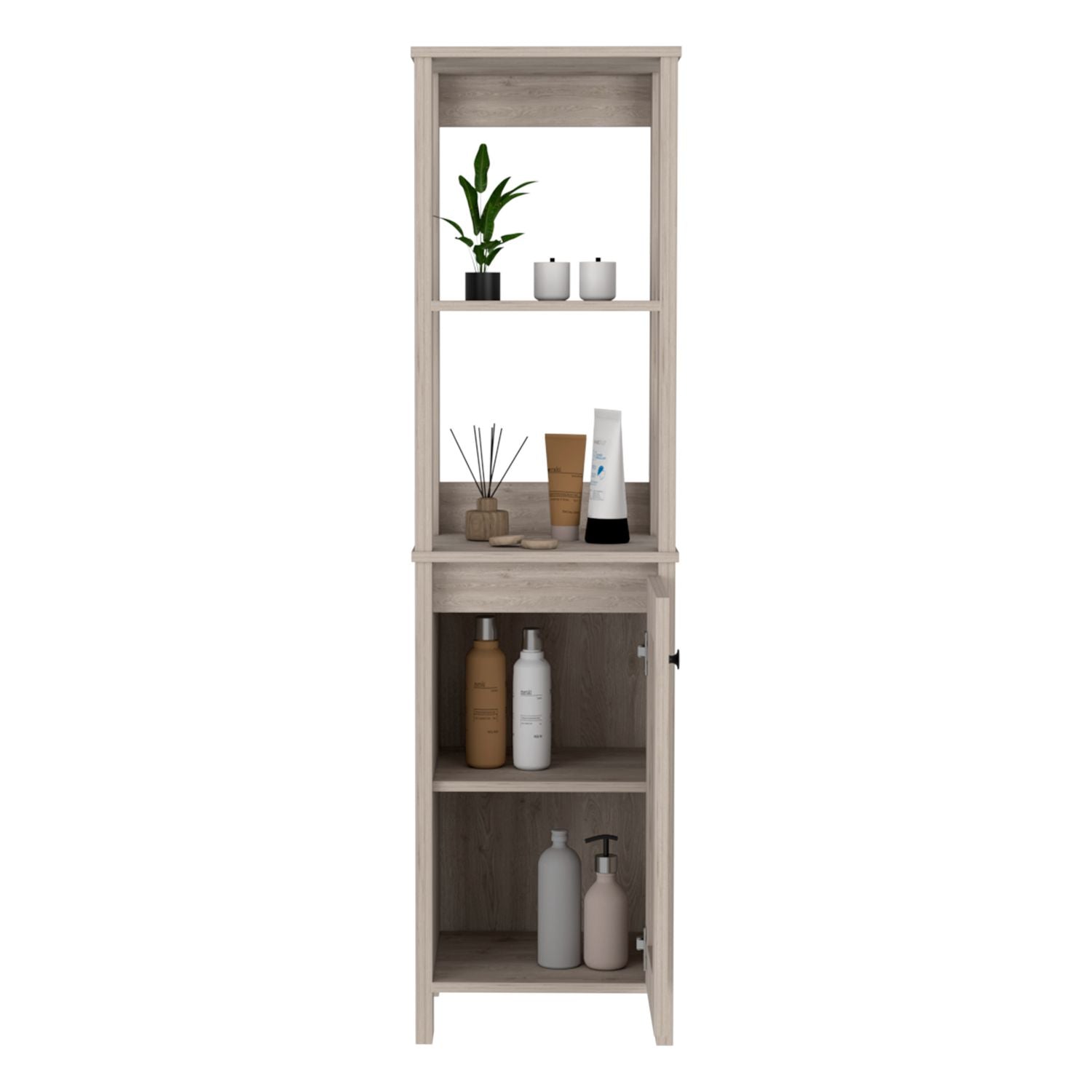 Linen Single Door Cabinet 59" H, Two Interior Shelves, Two Open Shelves, Light Gray