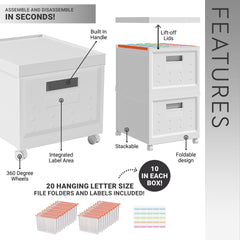 Set of 2 Collapsible Stackable Rolling File Boxes with Lids and 10 Hanging Files, Portable Plastic Storage Organizer or File Cabinet with wheels for Home or Office