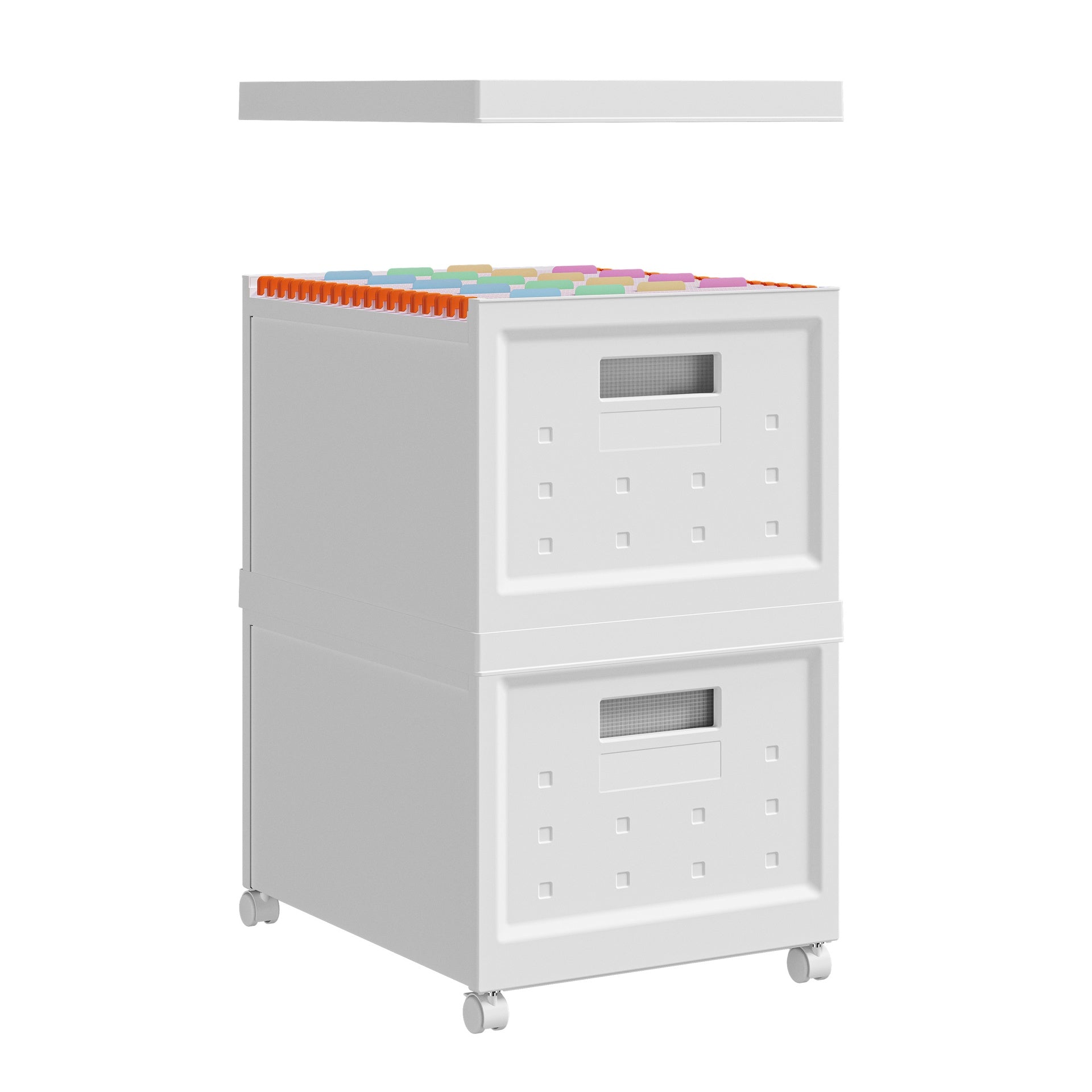 Set of 2 Collapsible Stackable Rolling File Boxes with Lids and 10 Hanging Files, Portable Plastic Storage Organizer or File Cabinet with wheels for Home or Office