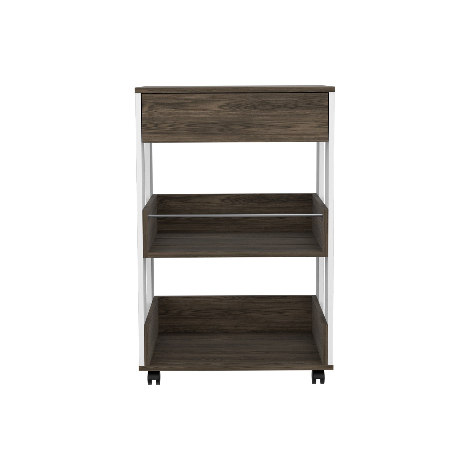 White and Dark Walnut 1-Drawer 2-Shelf Kitchen Cart with Caster
