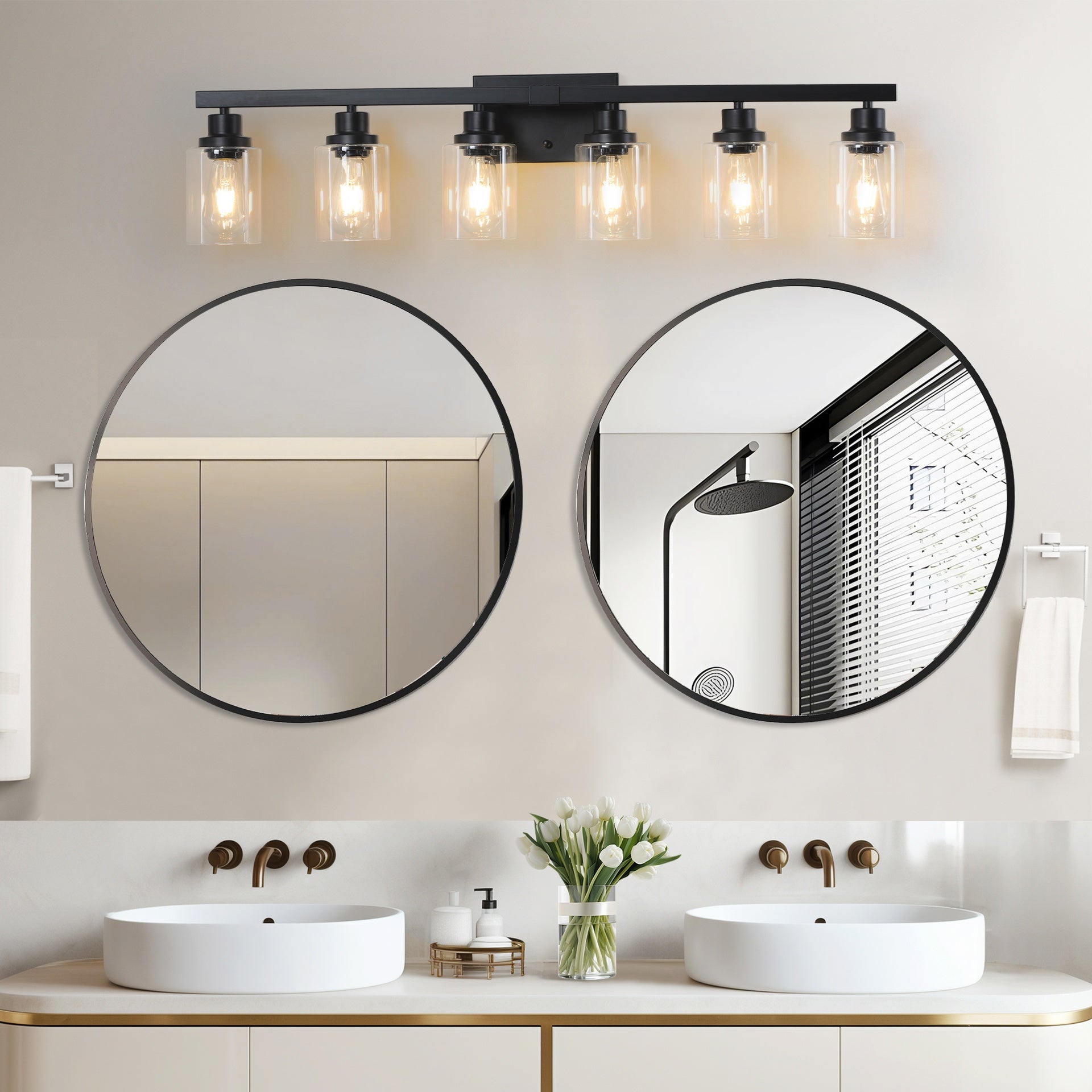 37" Modern 6-Light Bathroom Vanity Light Fixture - Black Finish with Clear Glass Shades, Perfect for Bathroom, Vanity, and Dressing Area Lighting (No Bulbs)