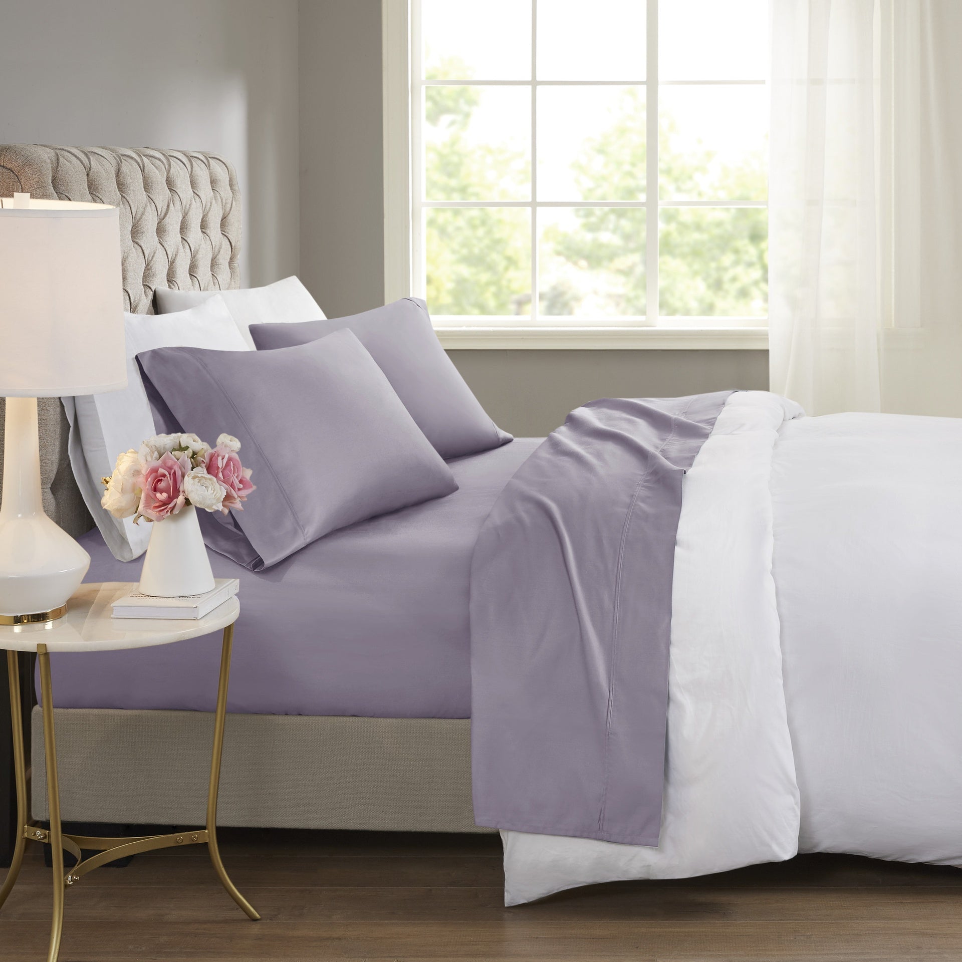 4-Piece Queen Cooling Cotton Blend Sheet Set, Purple