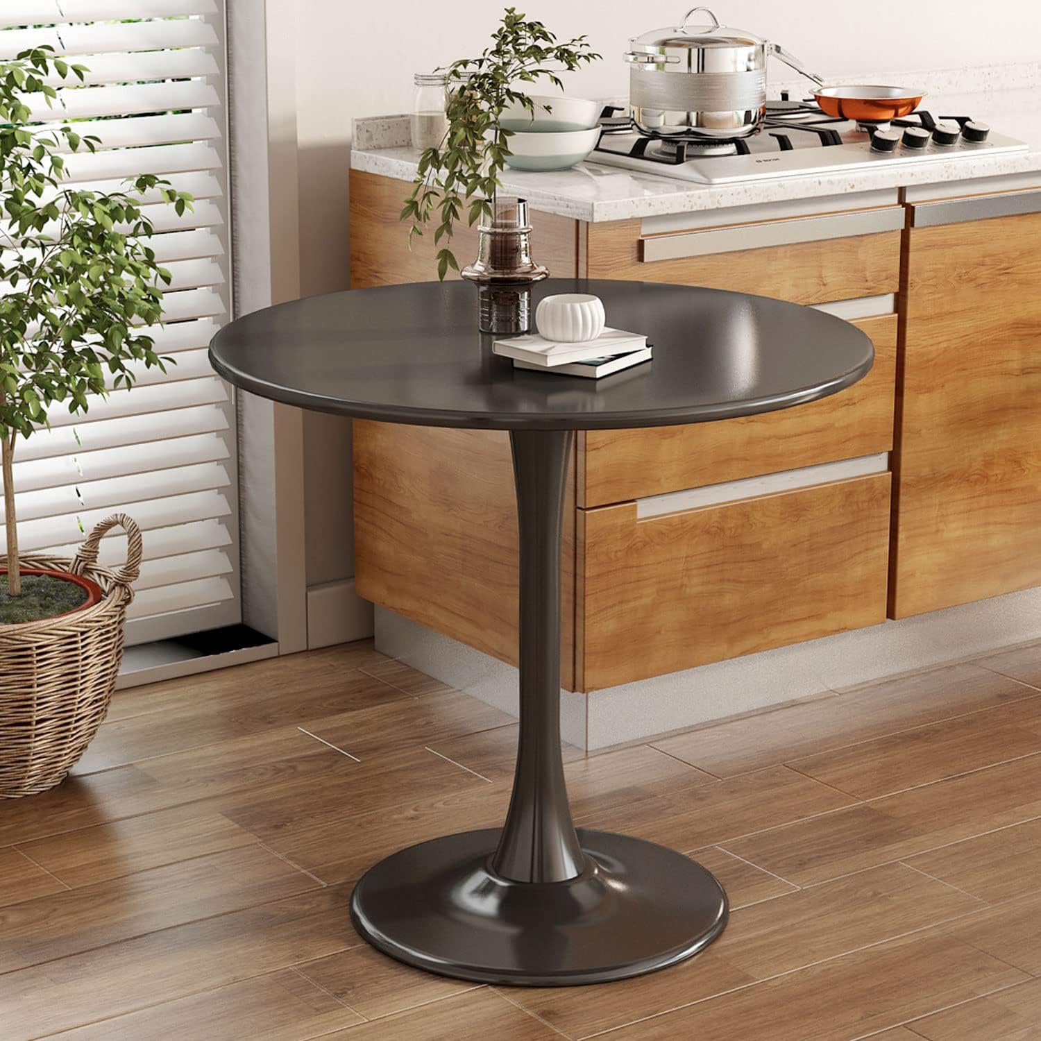 Black Round Table, Modern Dining Table, MDF Top and Steel Base Tulip Round Kitchen Table, Mid Century Coffee Table for Living Room 24 Inch, Kitchen Table, Oval Dining Table