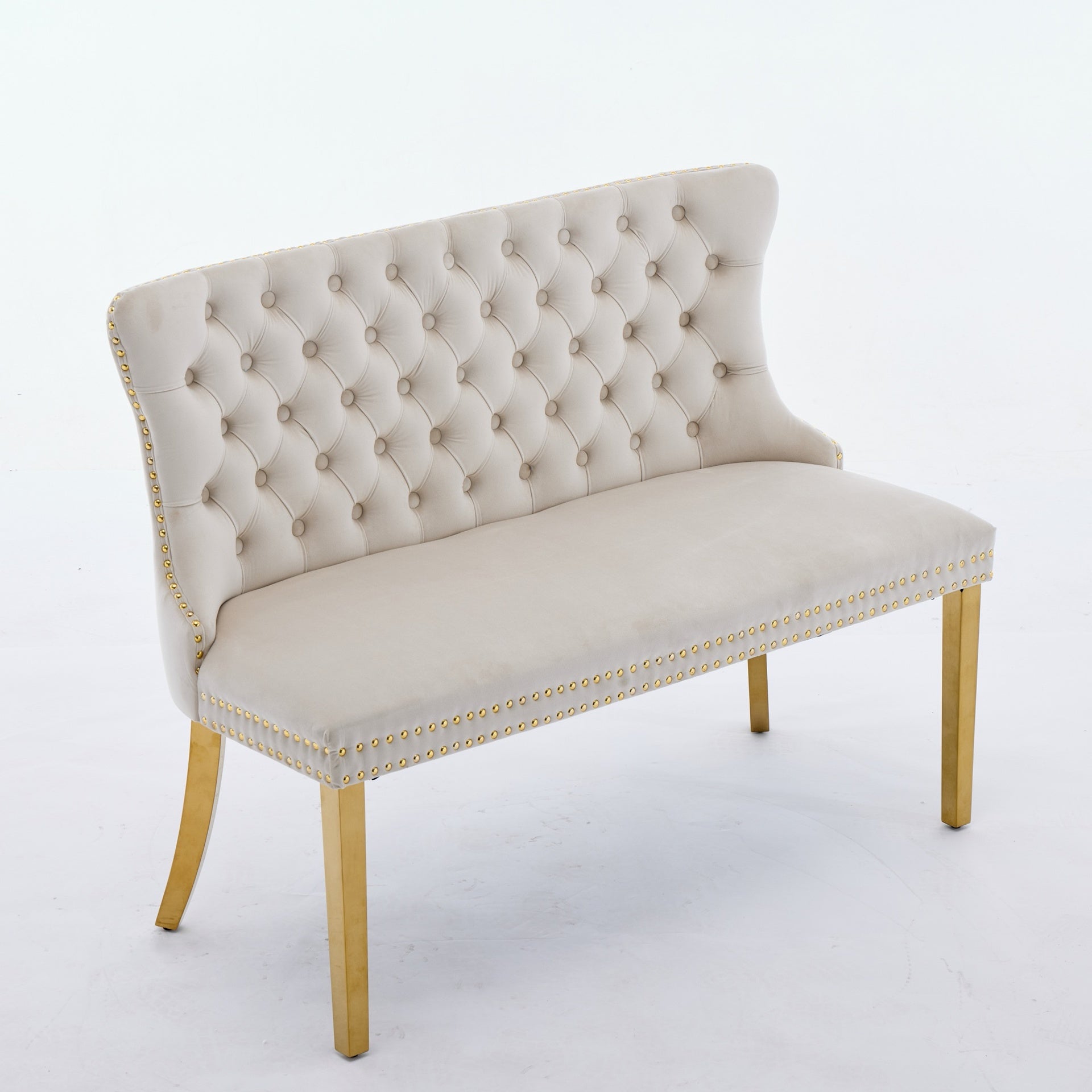 Velvet Double Dining Loveseat Bench, Kitchen & Dining Seating, 2-Seat Tufted Bench w/Handmade Buttons, Wing Back, Gold-Plated Steel Legs, Mid Century Modern,Single Pack,Beige,SW1602BG
