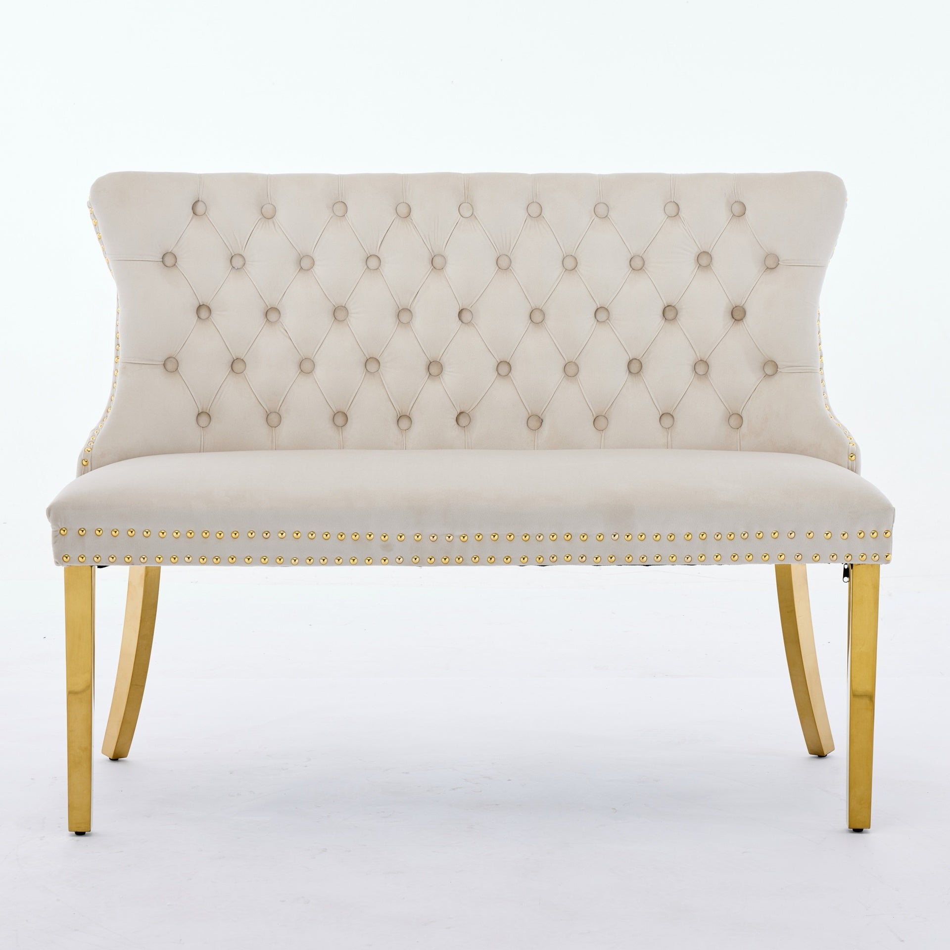 Velvet Double Dining Loveseat Bench, Kitchen & Dining Seating, 2-Seat Tufted Bench w/Handmade Buttons, Wing Back, Gold-Plated Steel Legs, Mid Century Modern,Single Pack,Beige,SW1602BG