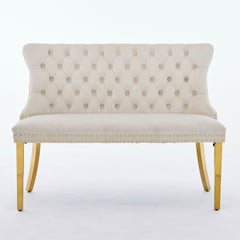 Velvet Double Dining Loveseat Bench, Kitchen & Dining Seating, 2-Seat Tufted Bench w/Handmade Buttons, Wing Back, Gold-Plated Steel Legs, Mid Century Modern,Single Pack,Beige,SW1602BG