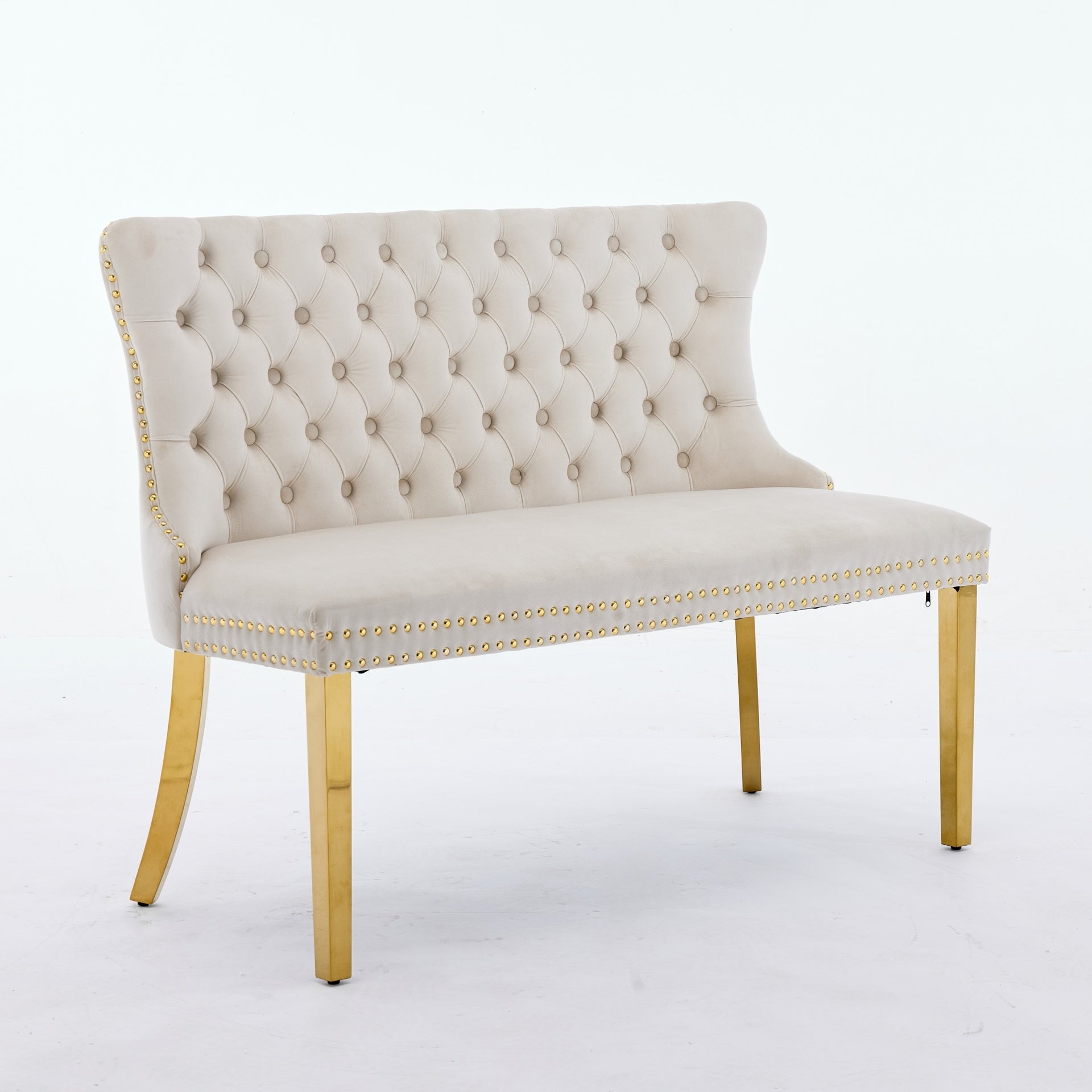 Velvet Double Dining Loveseat Bench, Kitchen & Dining Seating, 2-Seat Tufted Bench w/Handmade Buttons, Wing Back, Gold-Plated Steel Legs, Mid Century Modern,Single Pack,Beige,SW1602BG