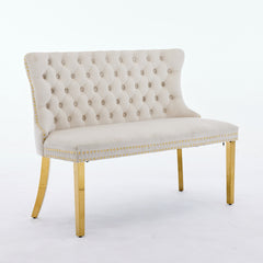 Velvet Double Dining Loveseat Bench, Kitchen & Dining Seating, 2-Seat Tufted Bench w/Handmade Buttons, Wing Back, Gold-Plated Steel Legs, Mid Century Modern,Single Pack,Beige,SW1602BG