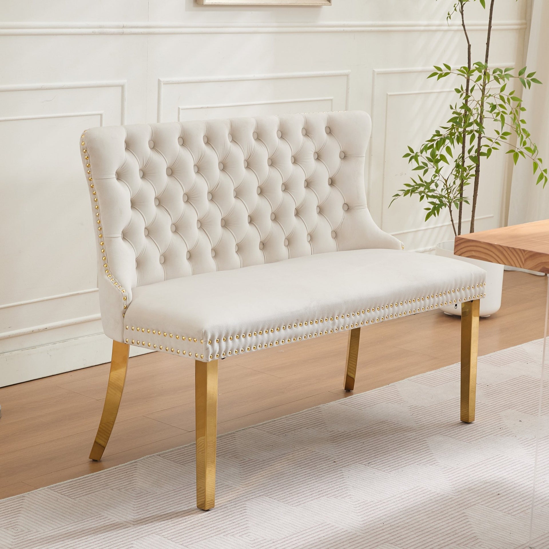 Velvet Double Dining Loveseat Bench, Kitchen & Dining Seating, 2-Seat Tufted Bench w/Handmade Buttons, Wing Back, Gold-Plated Steel Legs, Mid Century Modern,Single Pack,Beige,SW1602BG