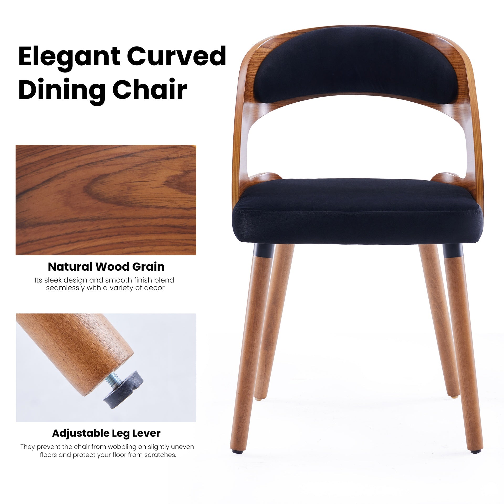 Wood Dining Chairs, Set of 2 Modern Upholstered Dining Chairs with Curved Backrest for Kitchen, Dining Room, Living Room