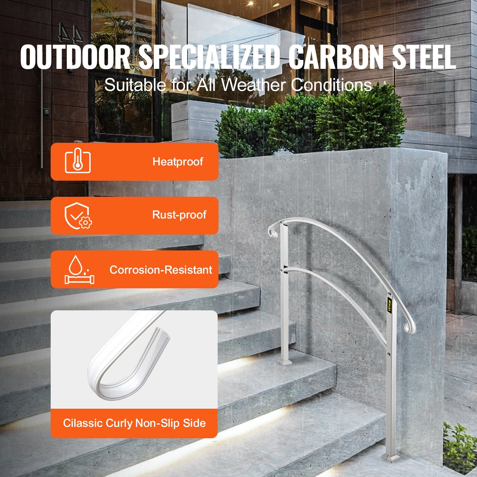 Handrails for Outdoor Steps, Fit 1 or 3 Steps Outdoor Stair Railing, White Wrought Iron Handrail, Flexible Front Porch Hand Rail, Transitional Handrails for Concrete Steps or Wooden Stairs