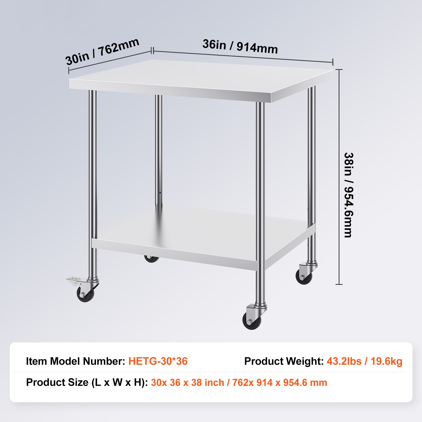 Stainless Steel Work Table 30 x 36 x 38 Inch, with 4 Wheels, 3 Adjustable Height Levels, Heavy Duty Food Prep Worktable for Commercial Kitchen Restaurant, Silver