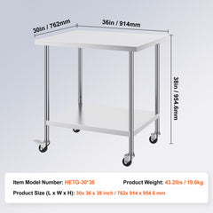 Stainless Steel Work Table 30 x 36 x 38 Inch, with 4 Wheels, 3 Adjustable Height Levels, Heavy Duty Food Prep Worktable for Commercial Kitchen Restaurant, Silver