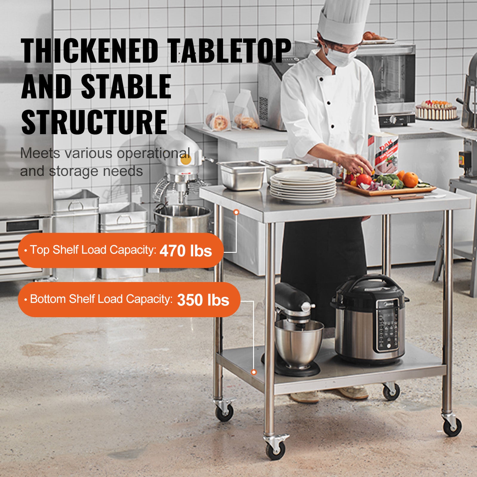 Stainless Steel Work Table 30 x 36 x 38 Inch, with 4 Wheels, 3 Adjustable Height Levels, Heavy Duty Food Prep Worktable for Commercial Kitchen Restaurant, Silver