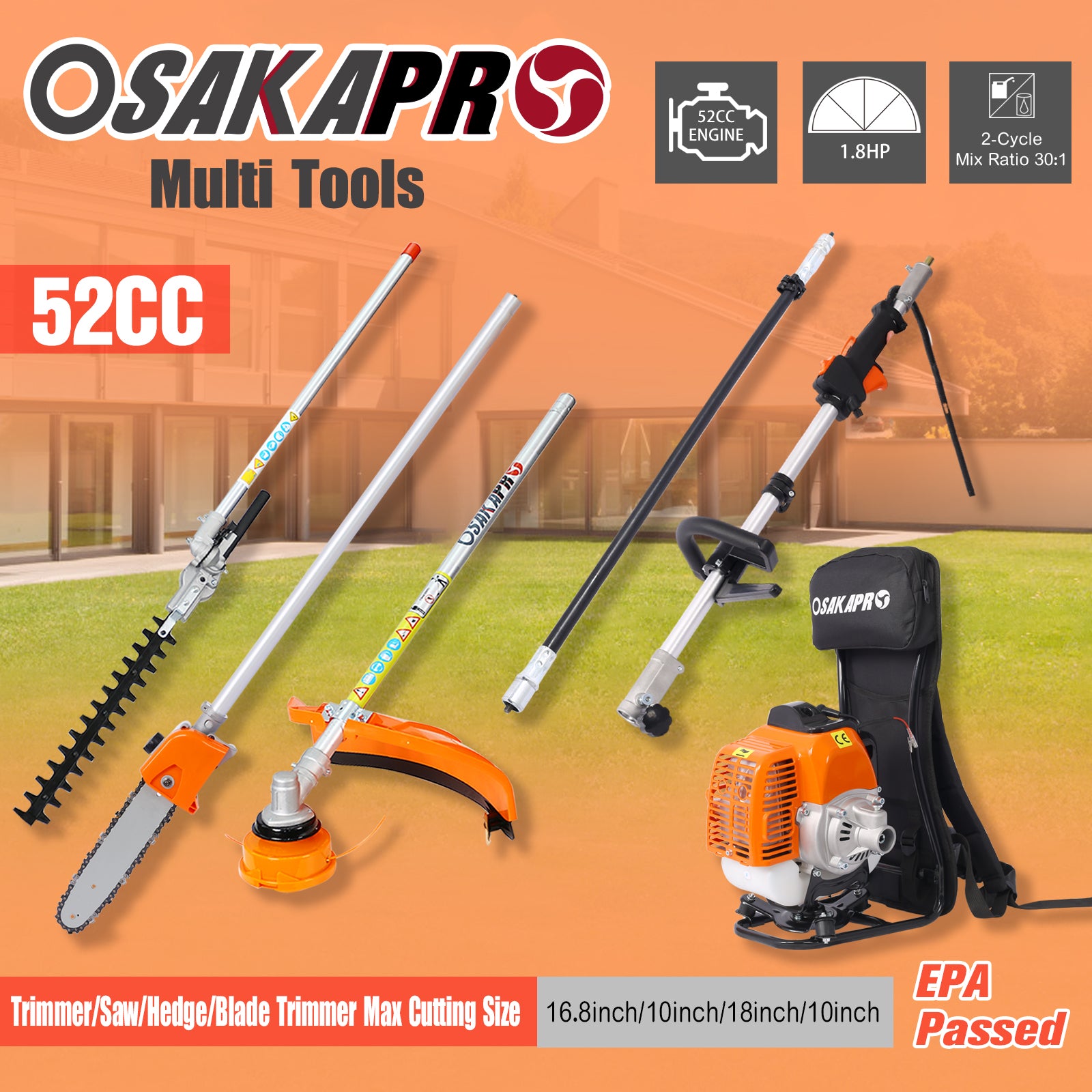 Backpack 4 in 1 Multi-Functional Trimming Tool, 52CC 2-Cycle Garden Tool System with Gas Pole Saw, Hedge Trimmer, Grass Trimmer, and Brush Cutter EPA Compliant