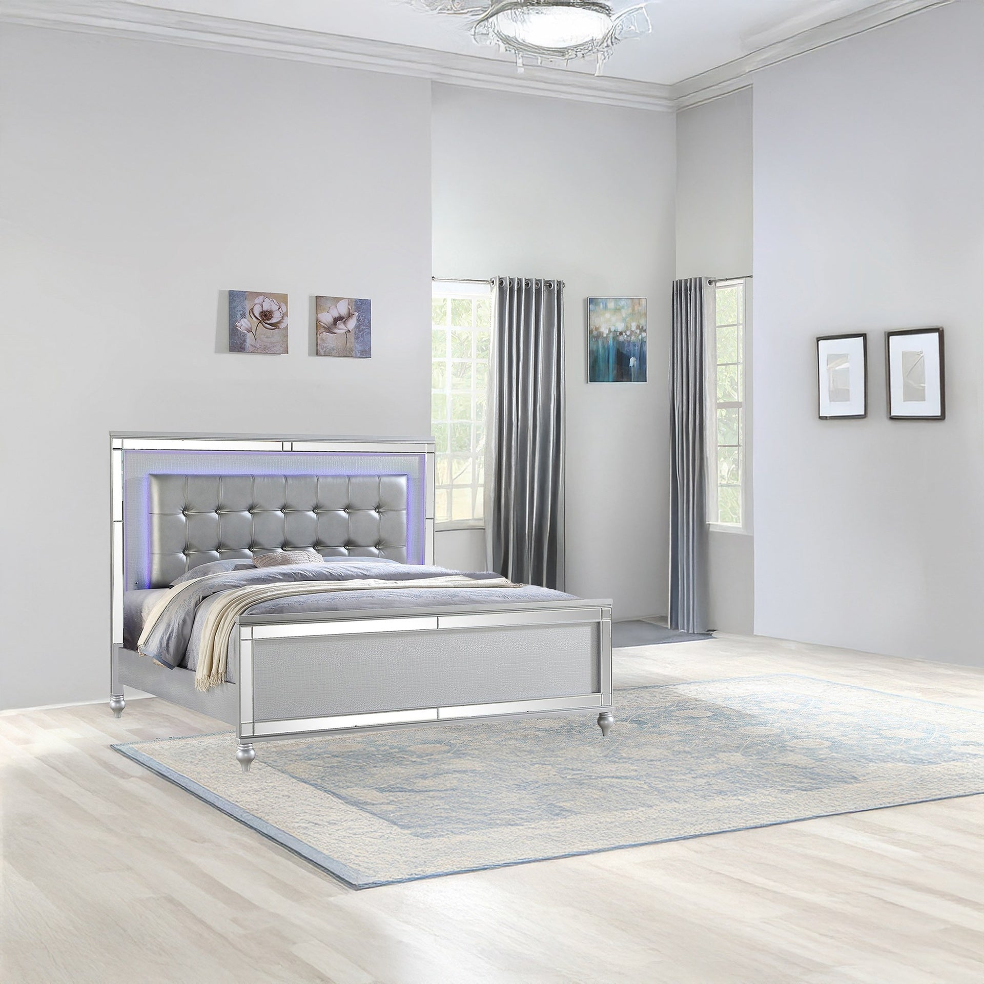 Sterling Queen Size Upholstered LED Bed made with wood in Silver Color (NJ Inventory)