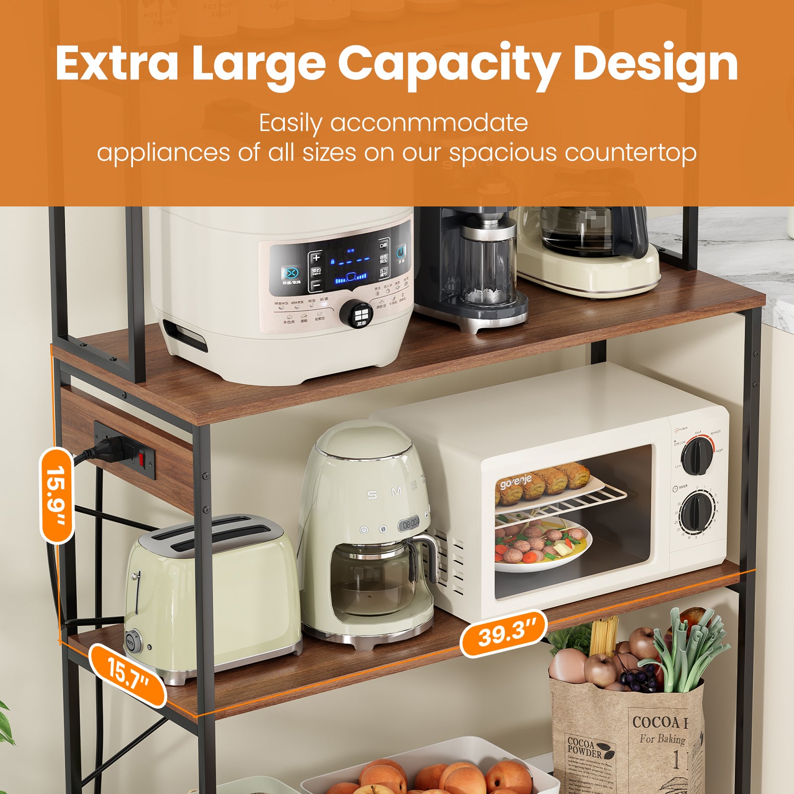 Large 5-Tier Bakers Rack with Electrical Outlets, 39 Inch Microwave Stand & Coffee Bar, Kitchen Storage Shelf for Home, Counter Space Organizer