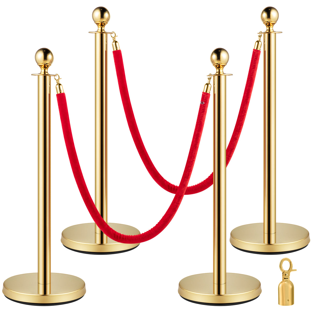 Velvet Ropes and Posts 4 Pcs, 3 Red Velvet Rope 5 ft, Stanchion Post with Ball Top, Crowd Control Barriers Gold Stanchions, Red Carpet Poles, Crowd Control Ropes and Poles for Party Supplies