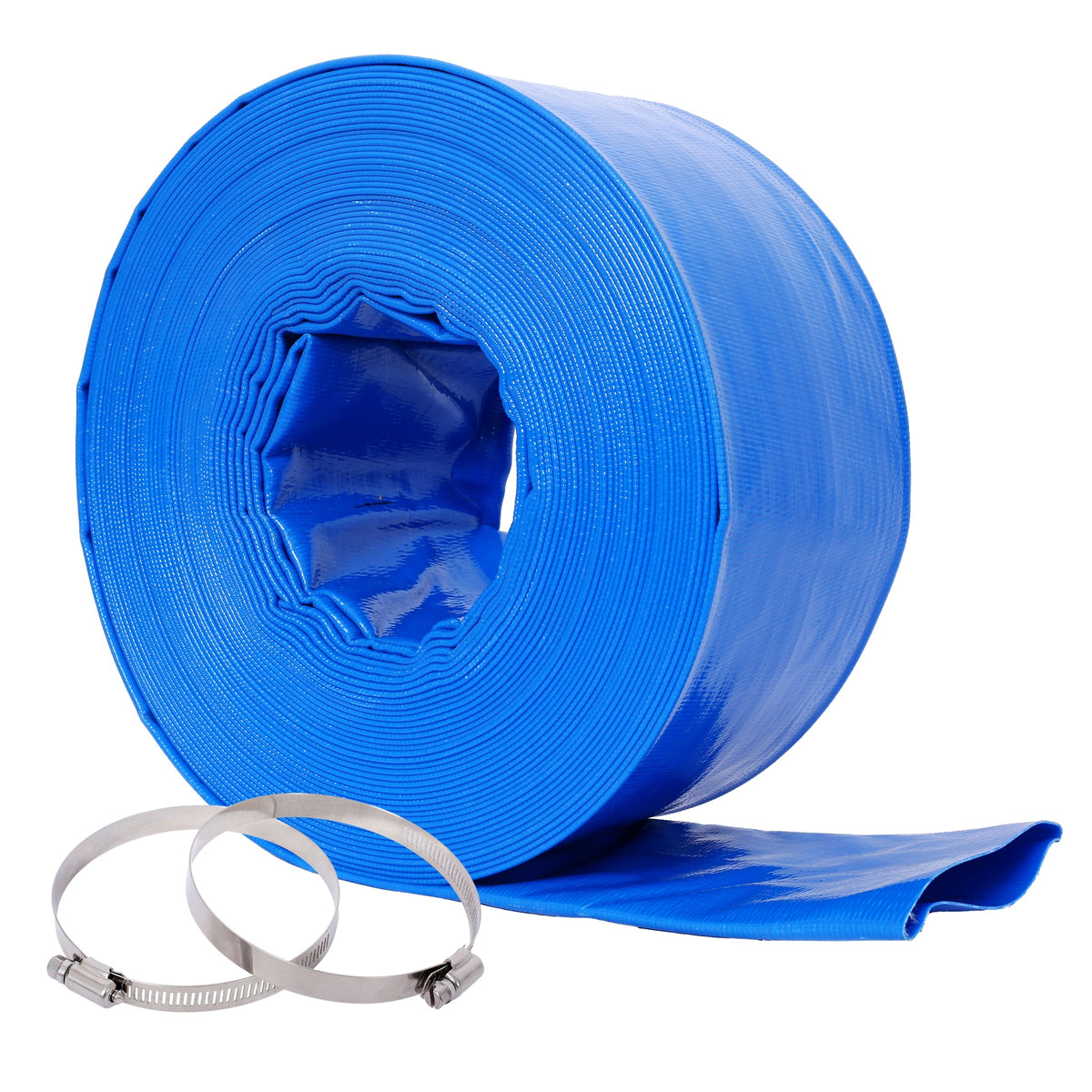 3"x100FT Pool Backwash Hose, Blue Heavy Duty Reinforced PVC Lay Flat Water Discharge Hose for Swimming Pool Filter Pump,with 2 Clamp