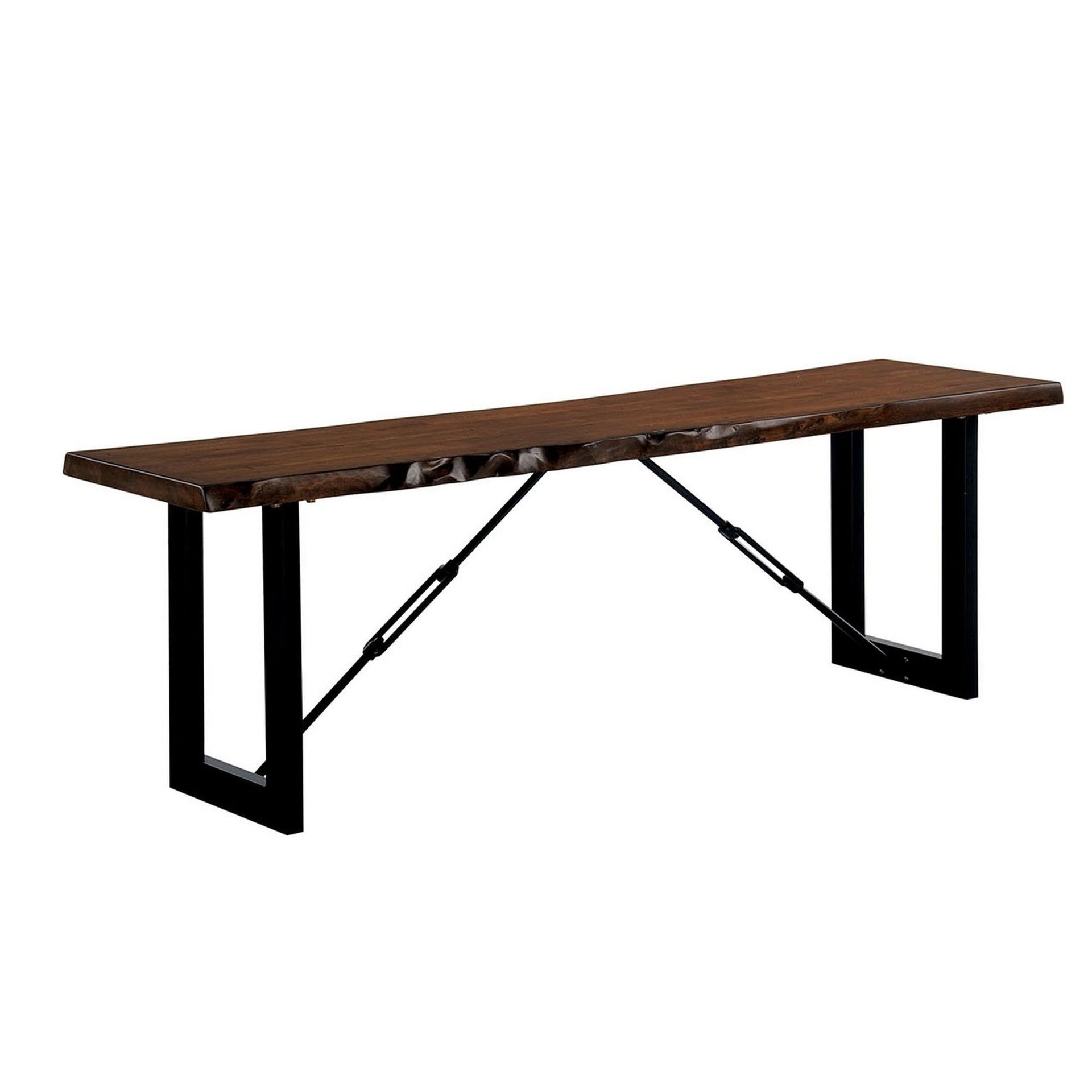 Rectangular Metal Frame Bench with Wooden Seat, Black and Brown