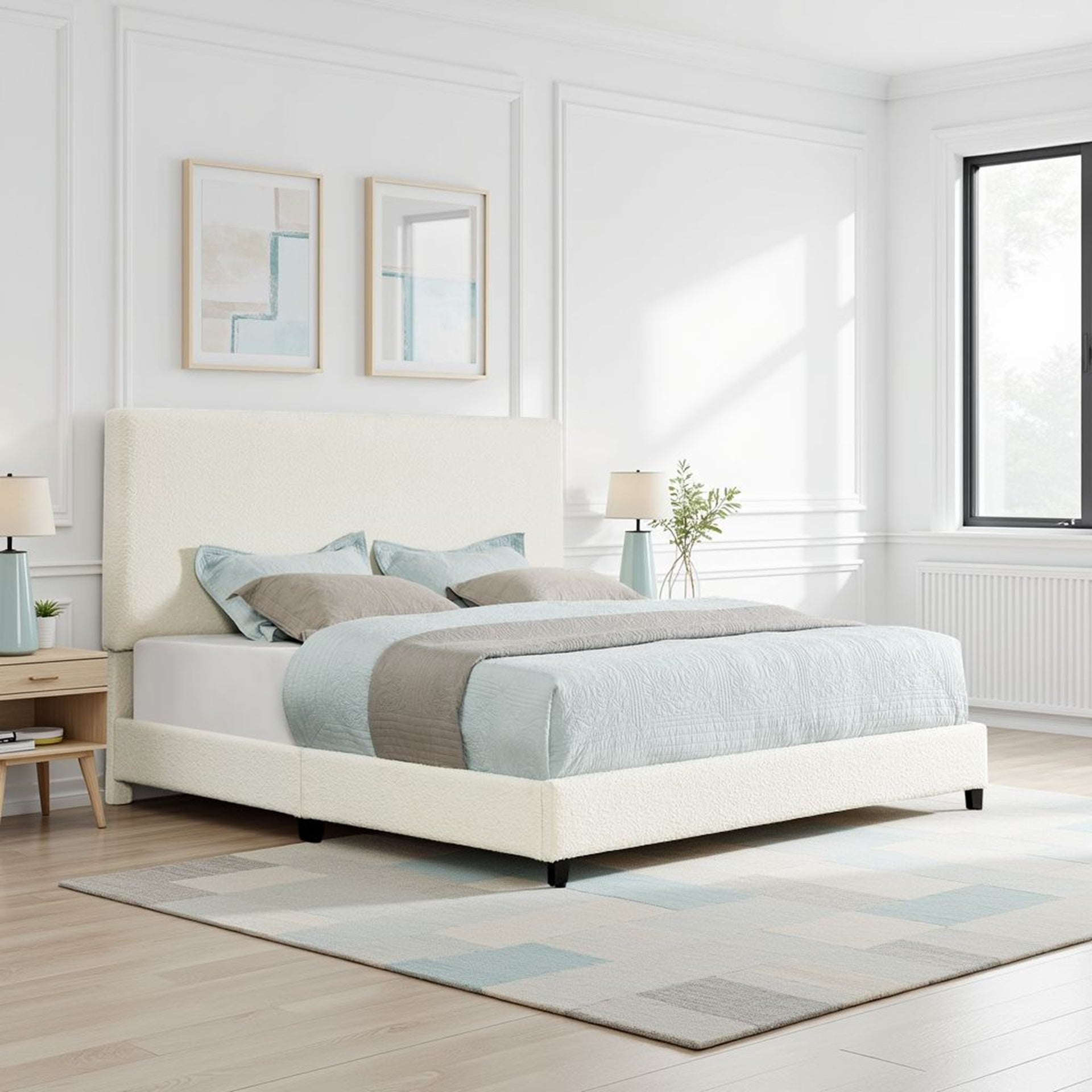 King Size White Boucle Upholstered Platform Bed