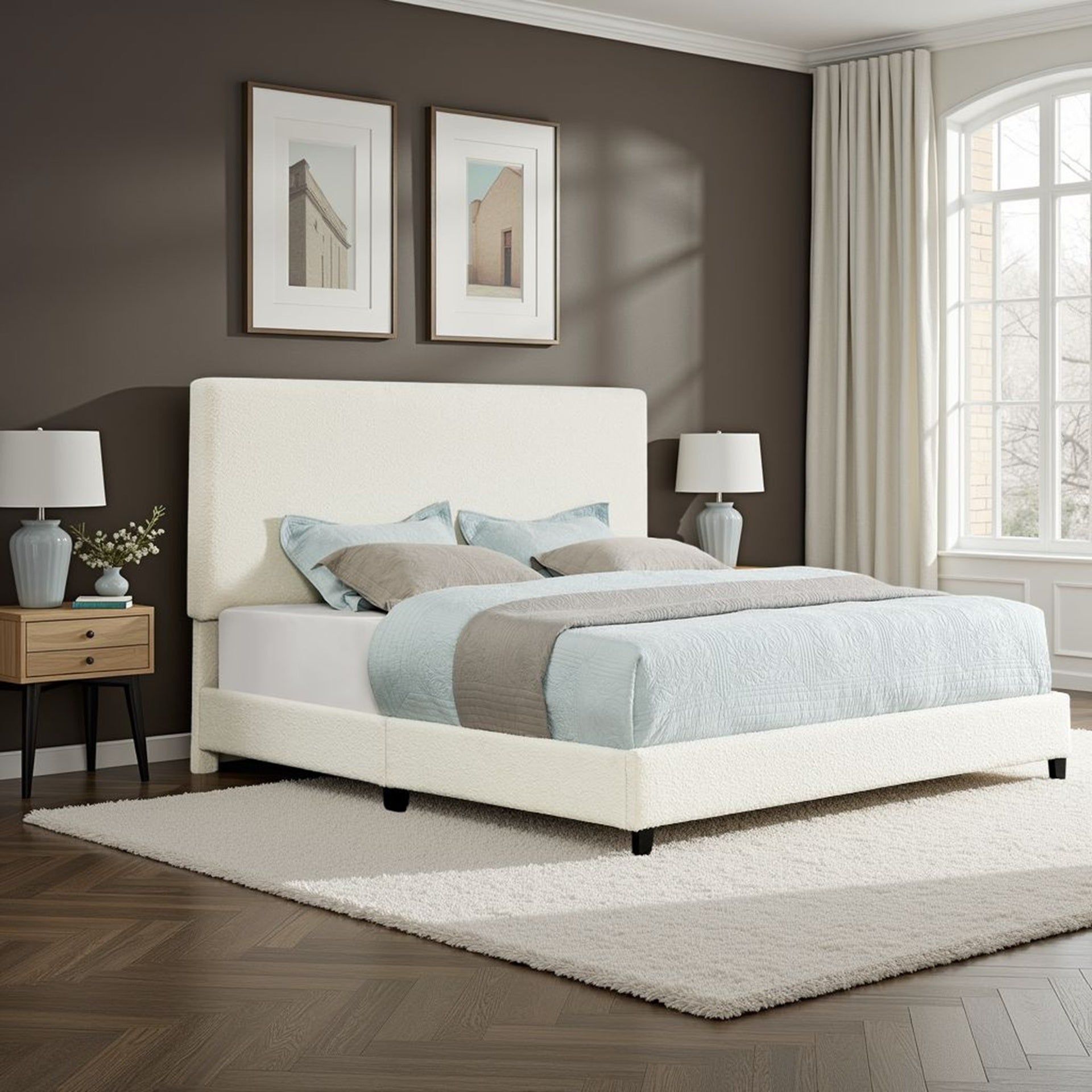 King Size White Boucle Upholstered Platform Bed