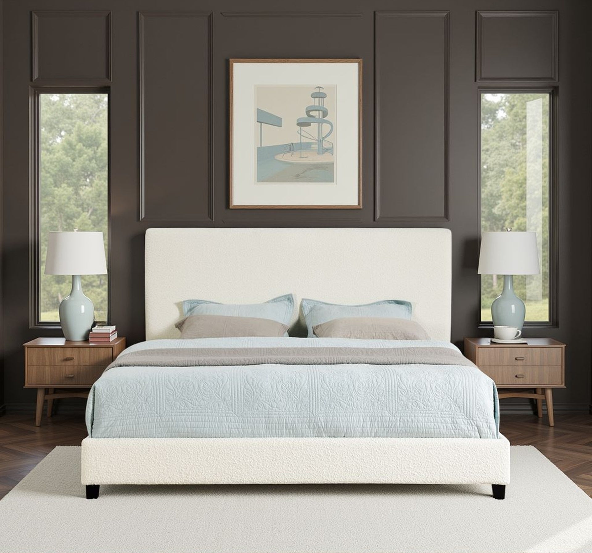 King Size White Boucle Upholstered Platform Bed