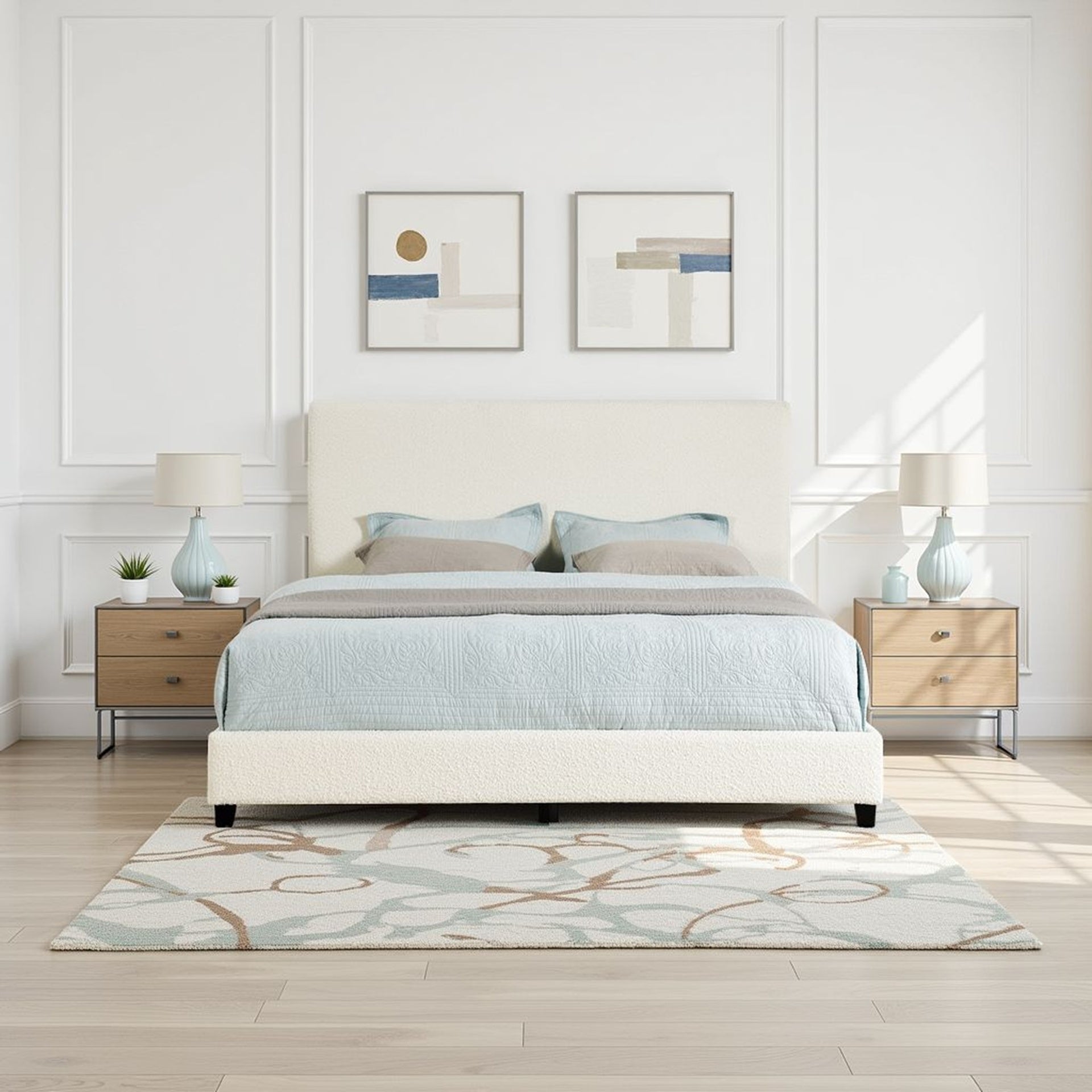 King Size White Boucle Upholstered Platform Bed