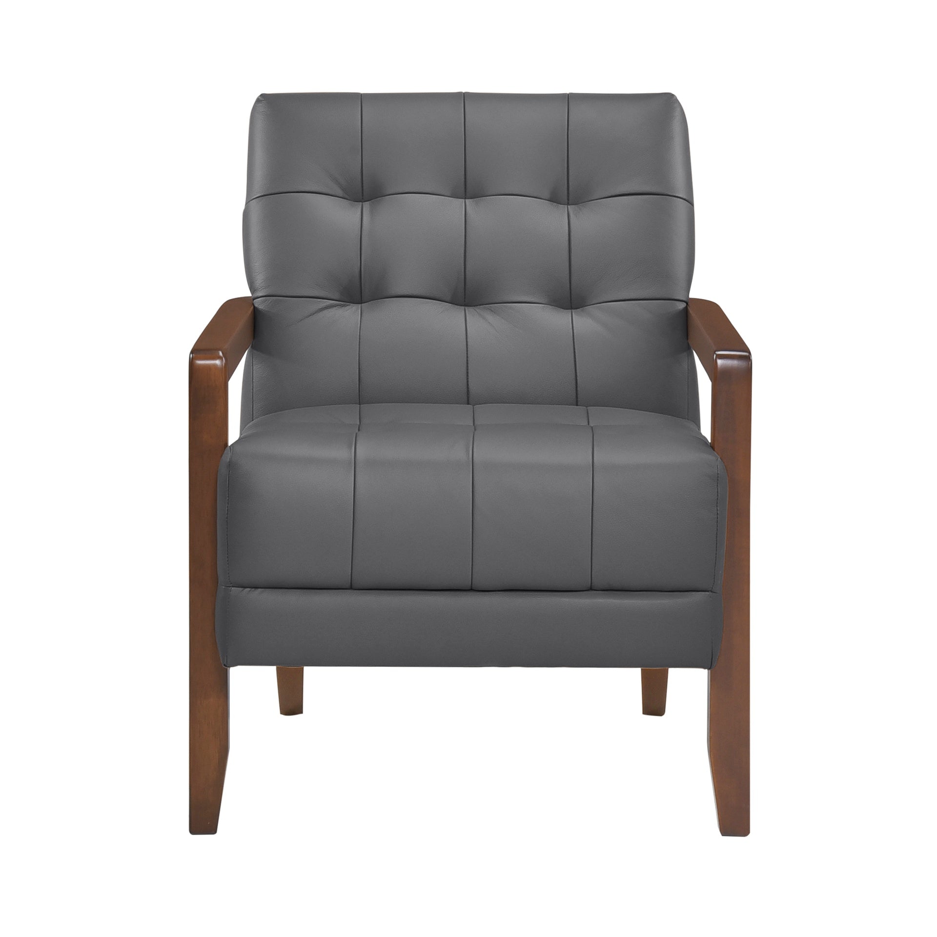 Modern Style Accent Chair Gray Leather Upholstered Tufted Detail Walnut Finish Wood Furniture 1pc