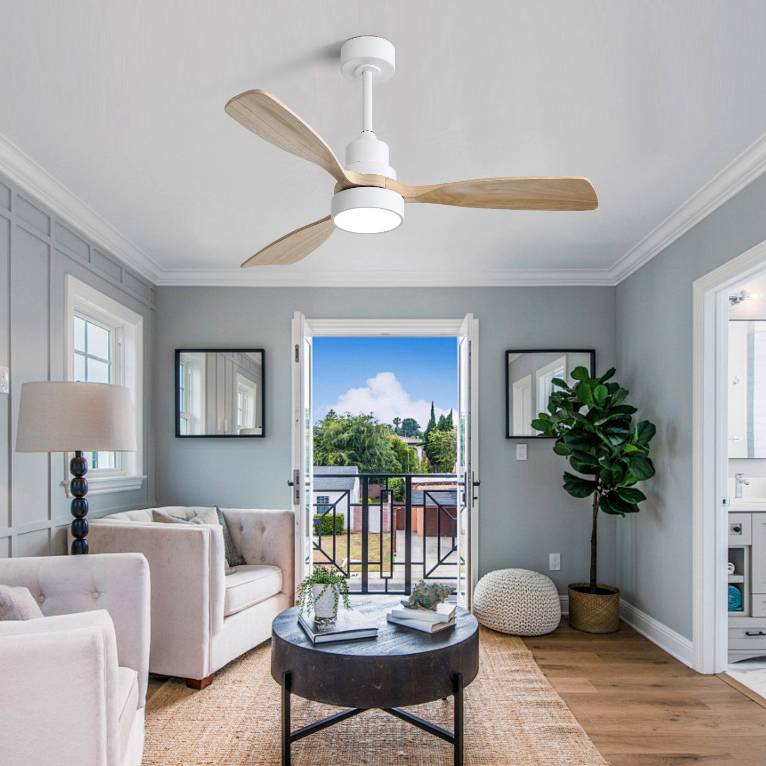 48 Inch Solid Wood Ceiling Fan with Dimmable Light 6 Speed Reversible DC Motor