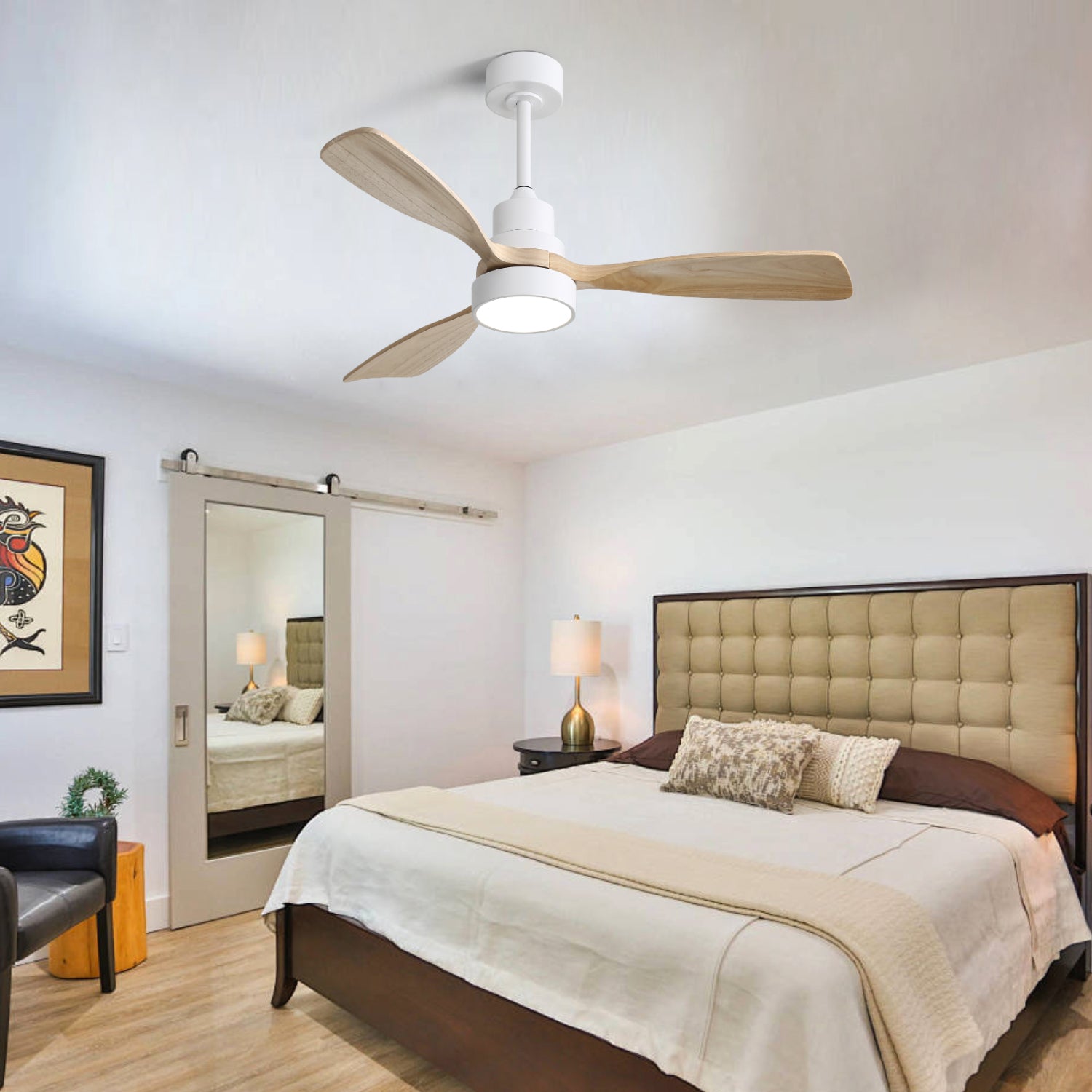 48 Inch Solid Wood Ceiling Fan with Dimmable Light 6 Speed Reversible DC Motor