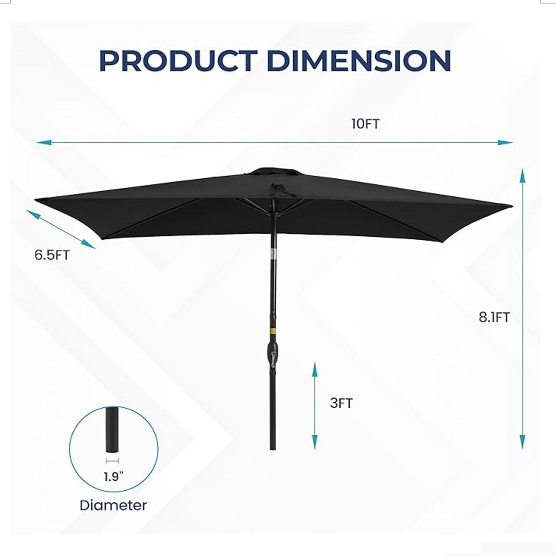 6.5 x 10 ft Black Rectangular Patio Umbrella with Crank, Tilt, Polyester UV-Resistant Canopy for Pool, Backyard & Patio (Without base)