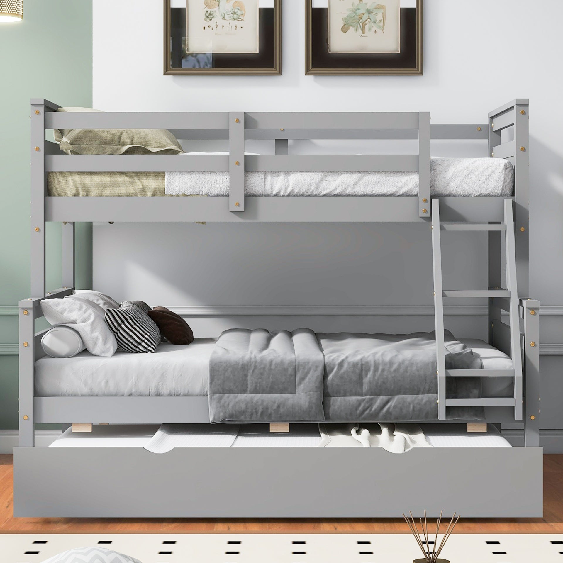 Twin over Full Bunk Bed with Ladder, Twin Size Trundle, Safety Guardrail, Gray