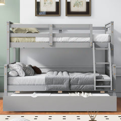 Twin over Full Bunk Bed with Ladder, Twin Size Trundle, Safety Guardrail, Gray