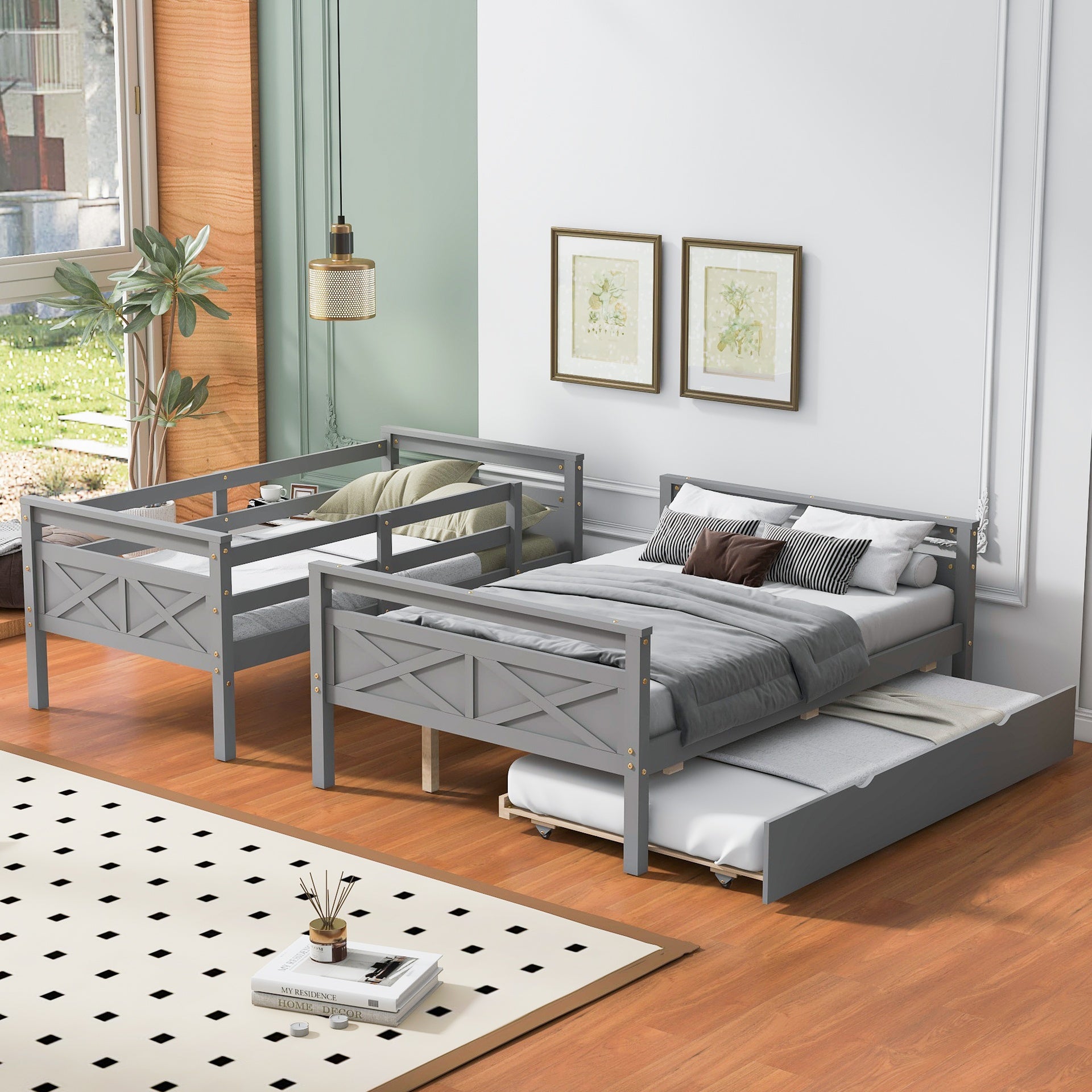 Twin over Full Bunk Bed with Ladder, Twin Size Trundle, Safety Guardrail, Gray